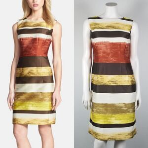 Lafayette 148 New York Striped Brown Yellow Clay Sheath Career Midi Dress Size 8